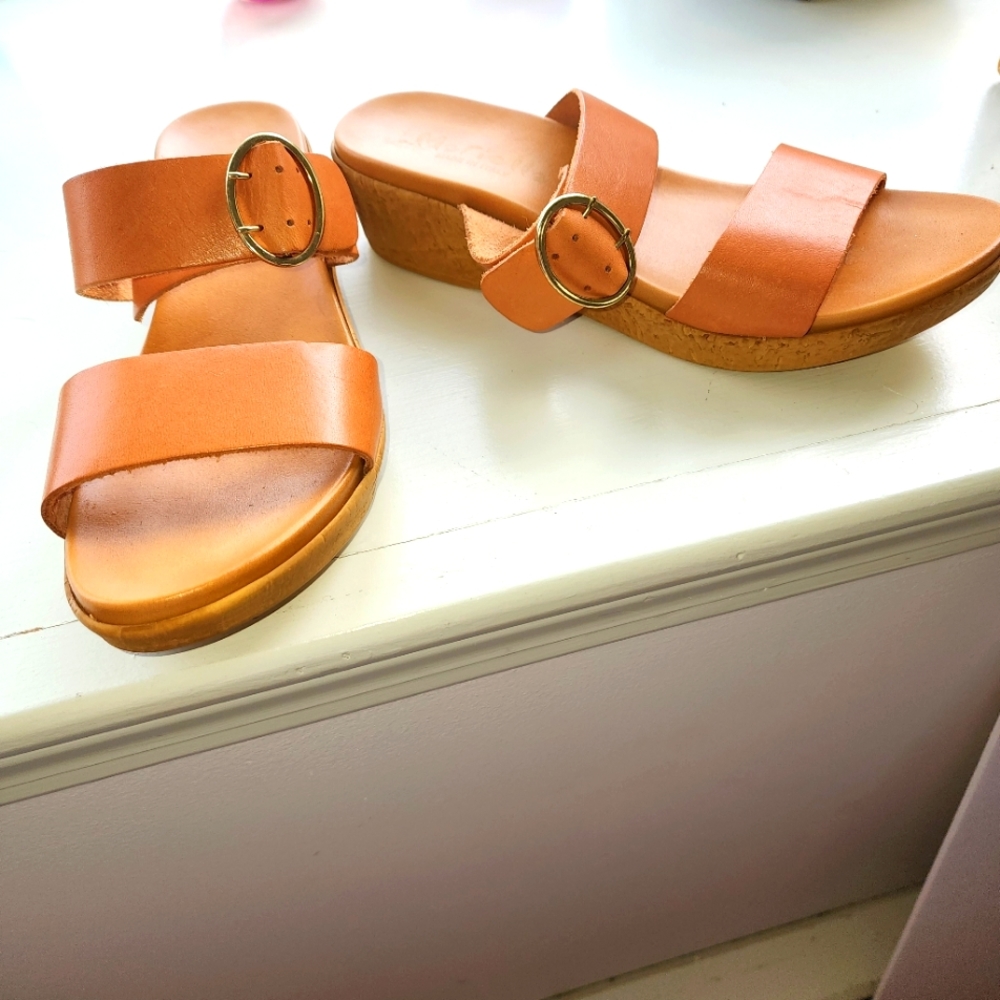 Unisa Women's Tan Leather Cork Wedge Slide Sandals with Gold Buckles